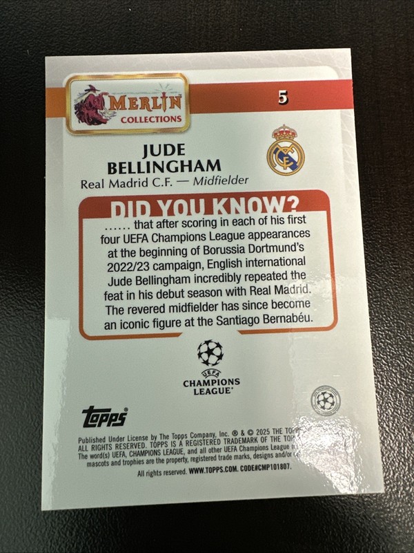 2024-25 Topps Merlin Jude Bellingham Pink Atomic /125 Real Madrid view 2