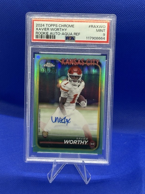 2024 Topps Chrome Xavier Worthy RC Auto Aqua Refractor /199 Chiefs Rookie PSA 9