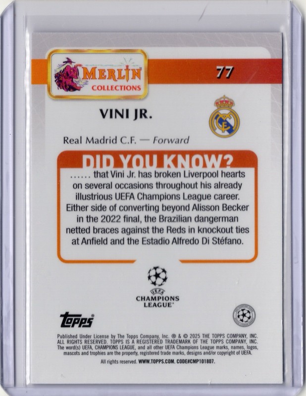 Vinicius Jr 2024-25 Topps Merlin UEFA Club Competitions #77 Real Madrid Soccer view 2