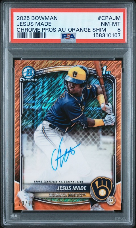 2025 BOWMAN CHROME PROSPECT AUTOS ORANGE SHIMMER #CPAJM JESUS MADE 20/25 PSA 8