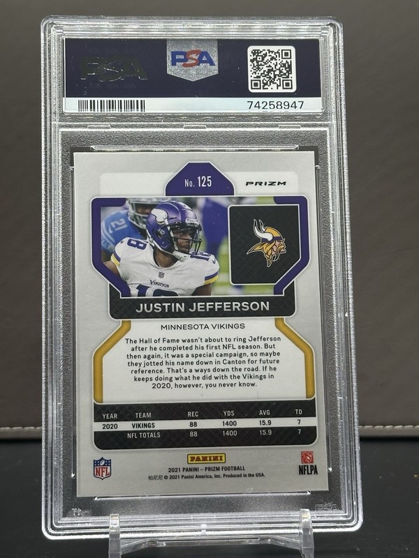2021 Panini Prizm Justin Jefferson #125 Orange Disco Prizm PSA 9 view 2