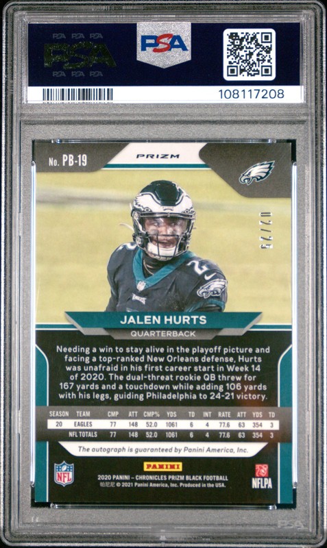 Jalen Hurts Rookie RC Auto PSA 9 Blue Prizm Black JSY#02/25 Chronicles 2020 view 2
