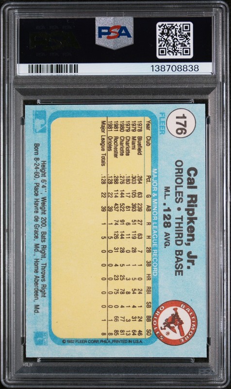 1982 FLEER #176 CAL RIPKEN JR. ROOKIE RC PSA 8 view 2