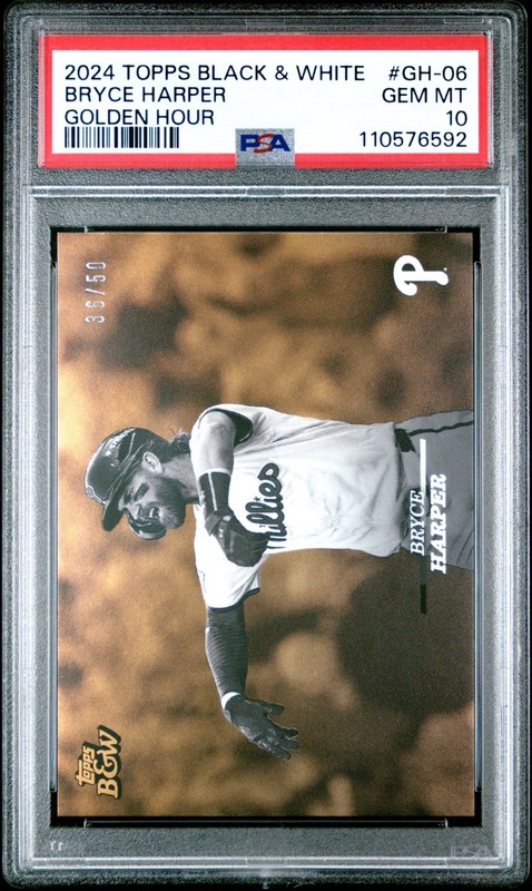 2024 Topps Black & White Baseball #GH06 Bryce Harper Golden Hour #/50 PSA 10 GEM
