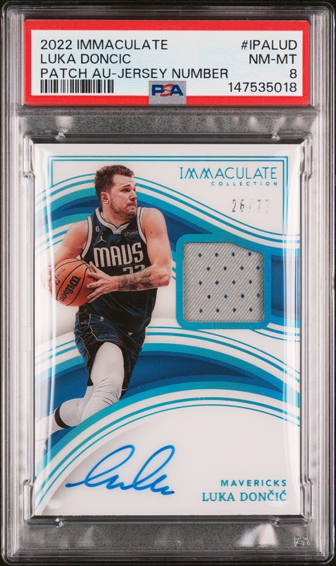 2022 PANINI IMMACULATE COLLECTION PATCH AUTO JERSEY NUMBER LUKA DONCIC /77 PSA 8