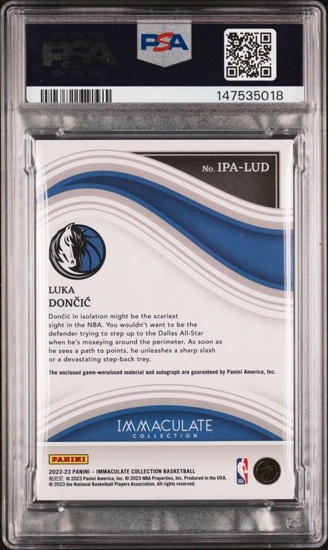 2022 PANINI IMMACULATE COLLECTION PATCH AUTO JERSEY NUMBER LUKA DONCIC /77 PSA 8 view 2