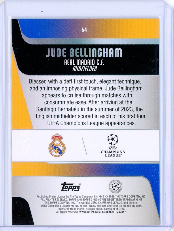 2025-26 Topps Chrome UEFA UCC JUDE BELLINGHAM Purple Lava Refractor 11/75 view 2