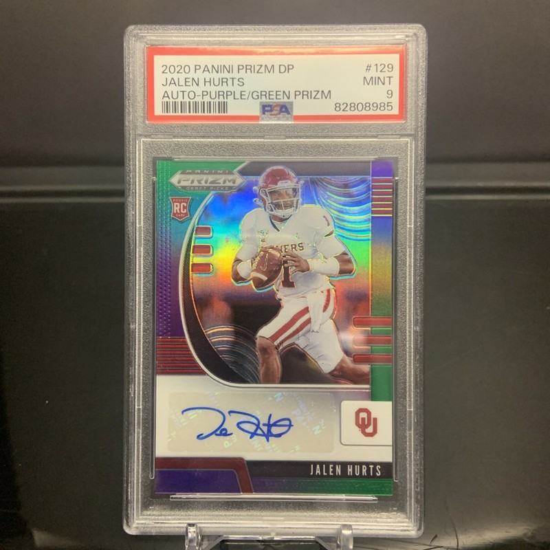 Jalen Hurts 2020 Panini Prizm Draft Picks RC Purple Green Prizm Auto /125 PSA 9