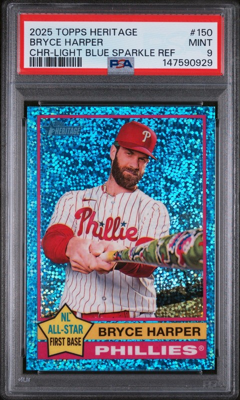 2025 TOPPS HERITAGE CHROME-LIGHT BLUE SPARKLE REFRACTOR #150 BRYCE HARPER PSA 9