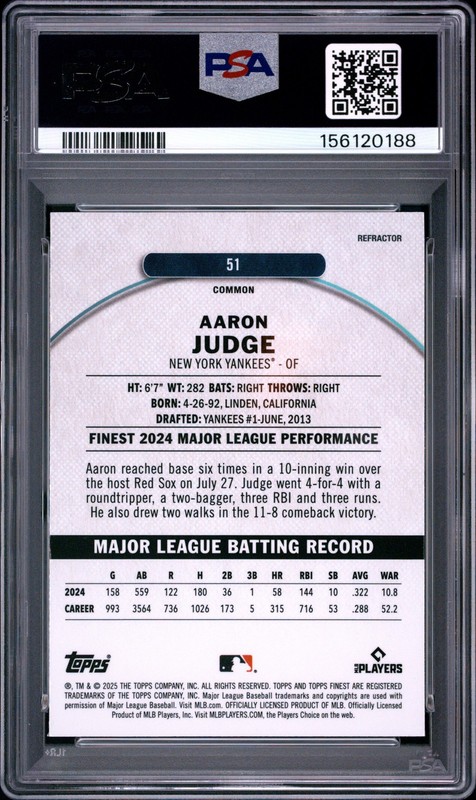 2025 TOPPS FINEST REFRACTOR #51 AARON JUDGE PSA 9 view 2