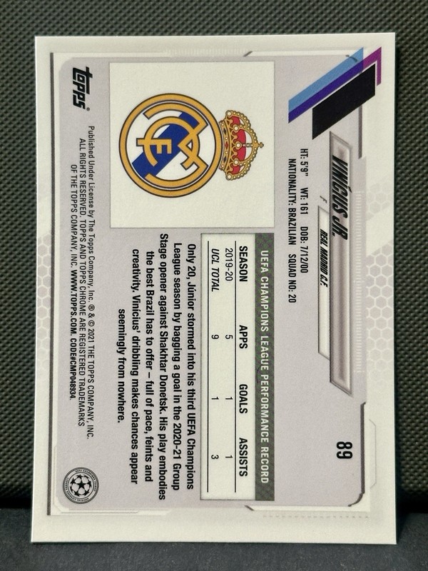 Vinicius Junior 2020-21 Topps Chromex Pink Parallel #89 Vini Jr Real Madrid UCL view 2