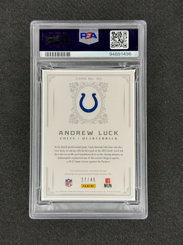 ANDREW LUCK 2012 Panini National Treasures Rookie Patch Auto Gold /49 PSA 9 view 2