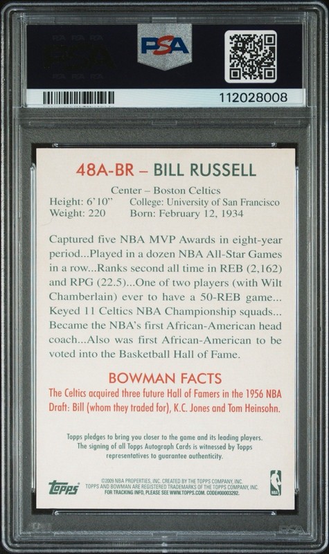 2009 BOWMAN '48 AUTO #48ABR BILL RUSSELL PSA 9 AUTO 10 HOF CELTICS view 2
