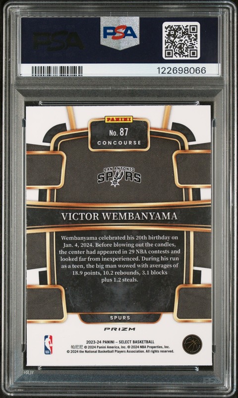 2023 PANINI SELECT SILVER PRIZM #87 VICTOR WEMBANYAMA ROOKIE RC PSA 10 view 2