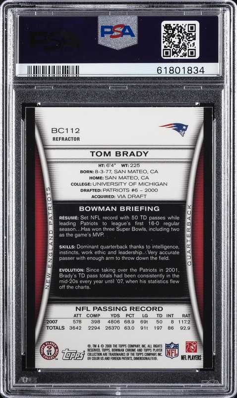 2008 BOWMAN CHROME REFRACTOR #BC112 TOM BRADY PSA 8 view 2