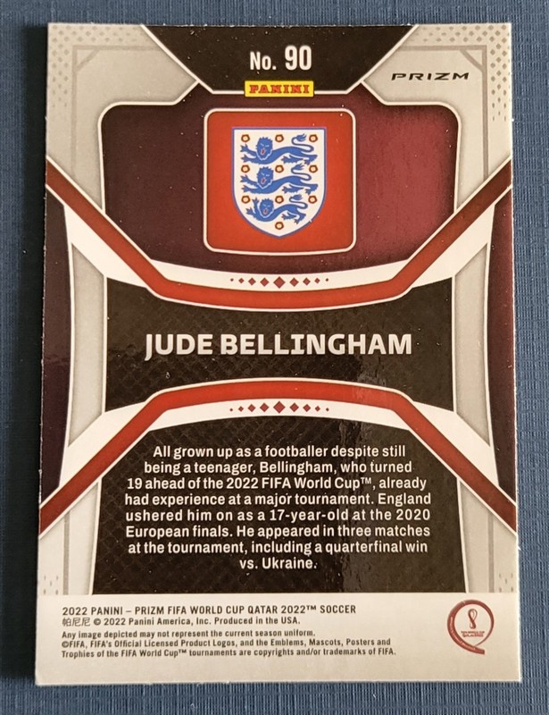 2022 Panini Prizm FIFA World Cup Qatar Jude Bellingham Green Wave #90 England view 2