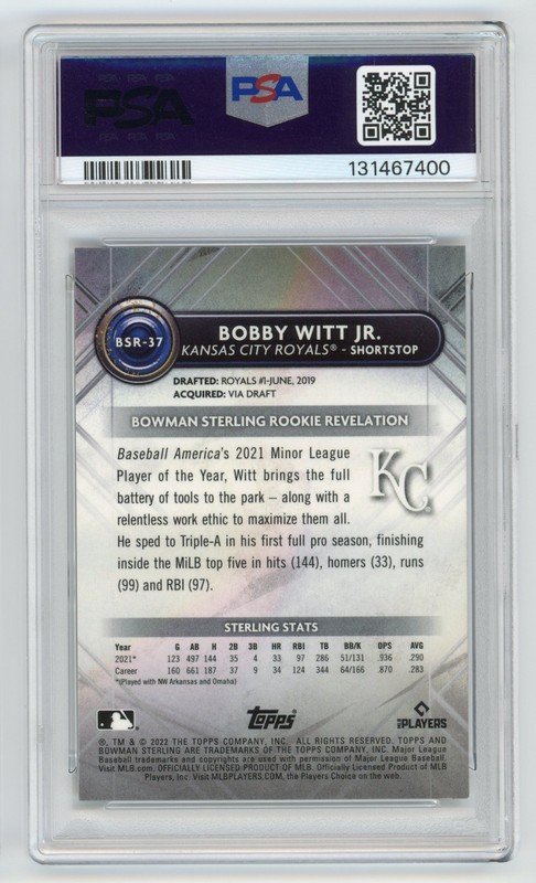 2022 BOWMAN STERLING BOBBY WITT JR. /150 MINI DIAMOND REFRACTOR RC PSA 10 #BSR37 view 2