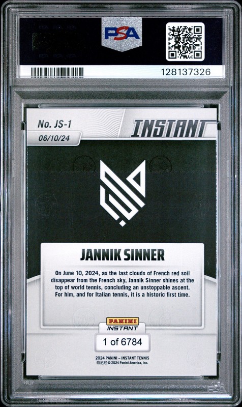 2024 PANINI INSTANT JANNIK SINNER #JS1 JANNIK SINNER PSA 10 view 2