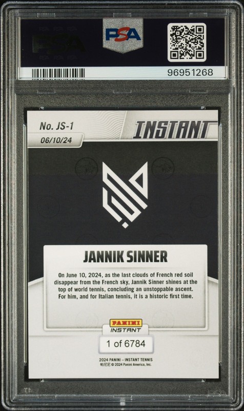 2024 PANINI INSTANT JANNIK SINNER #JS1 JANNIK SINNER PSA 10 view 2