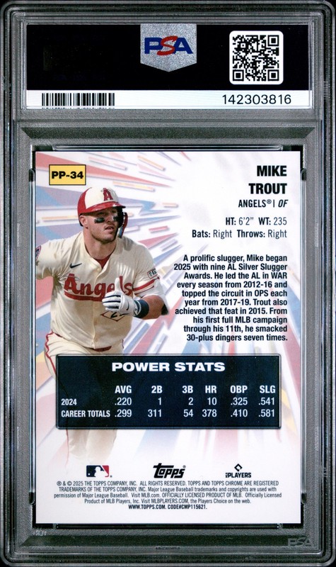 2025 TOPPS CHROME UPDATE POWER PLAYERS GOLD REFRACTOR MIKE TROUT 20/50 PSA 10 view 2