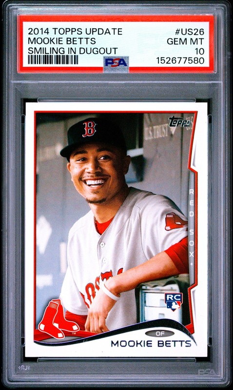 2014 TOPPS UPDATE SMILING IN DUGOUT #US26 MOOKIE BETTS ROOKIE RC PSA 10