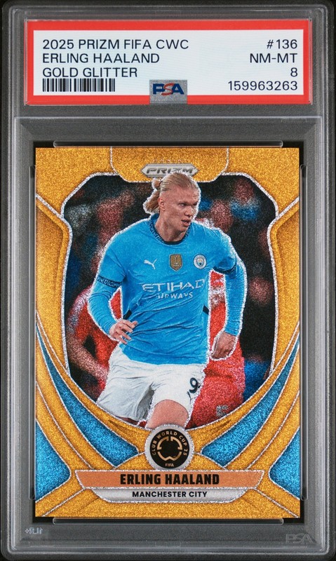 2025 PANINI PRIZM FIFA CLUB WORLD CUP GOLD GLITTER ERLING HAALAND 7/10 PSA 8