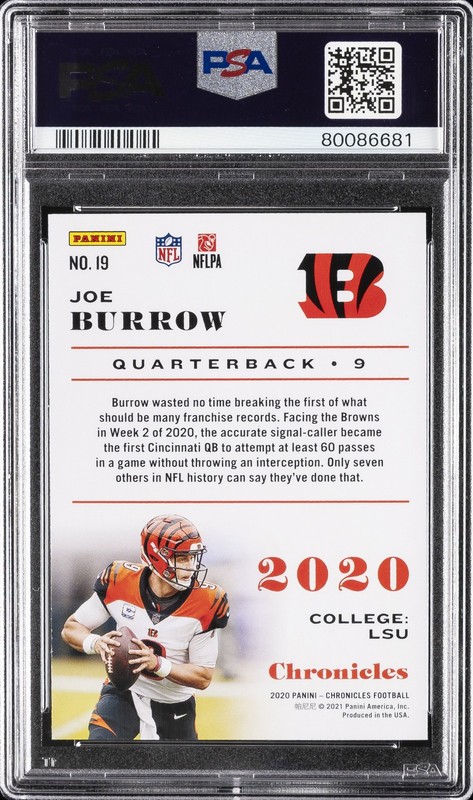 2020 PANINI CHRONICLES #19 JOE BURROW ROOKIE RC PSA 10 view 2