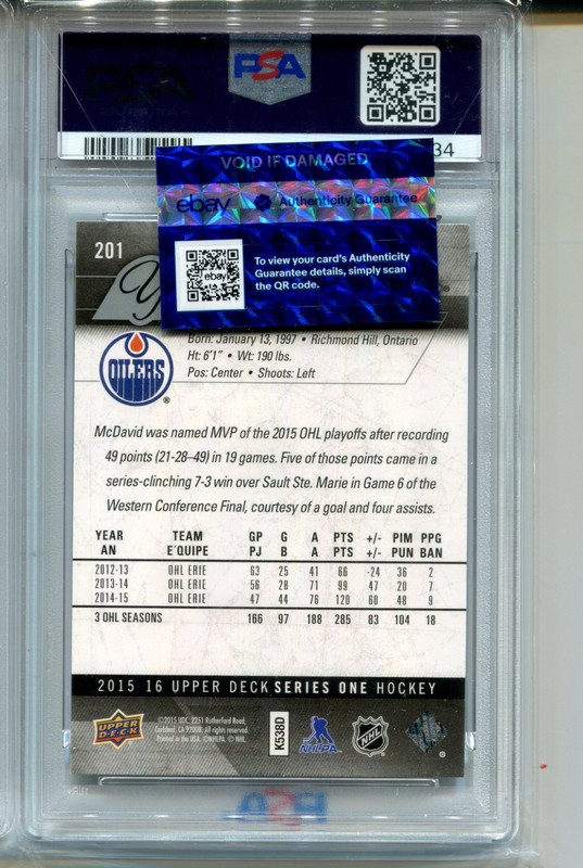 2015 Upper Deck Connor McDavid Rookie Card PSA 9 MINT Hockey #201 view 2