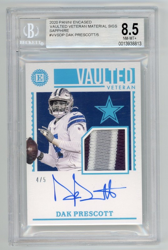 2020 PANINI ENCASED #VVS-DP DAK PRESCOTT PATCH AUTO /5 BGS 8.5 / 10 SAPPHIRE