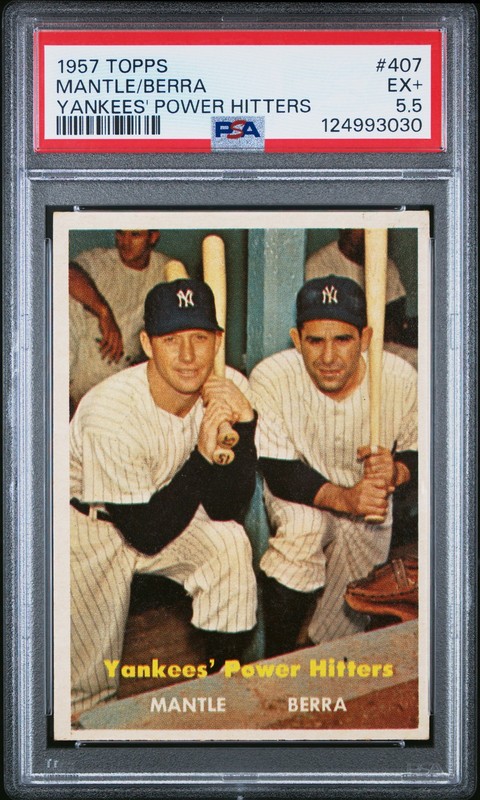 1957 TOPPS YANKEES' POWER HITTERS #407 MICKEY MANTLE/YOGI BERRA PSA 5.5