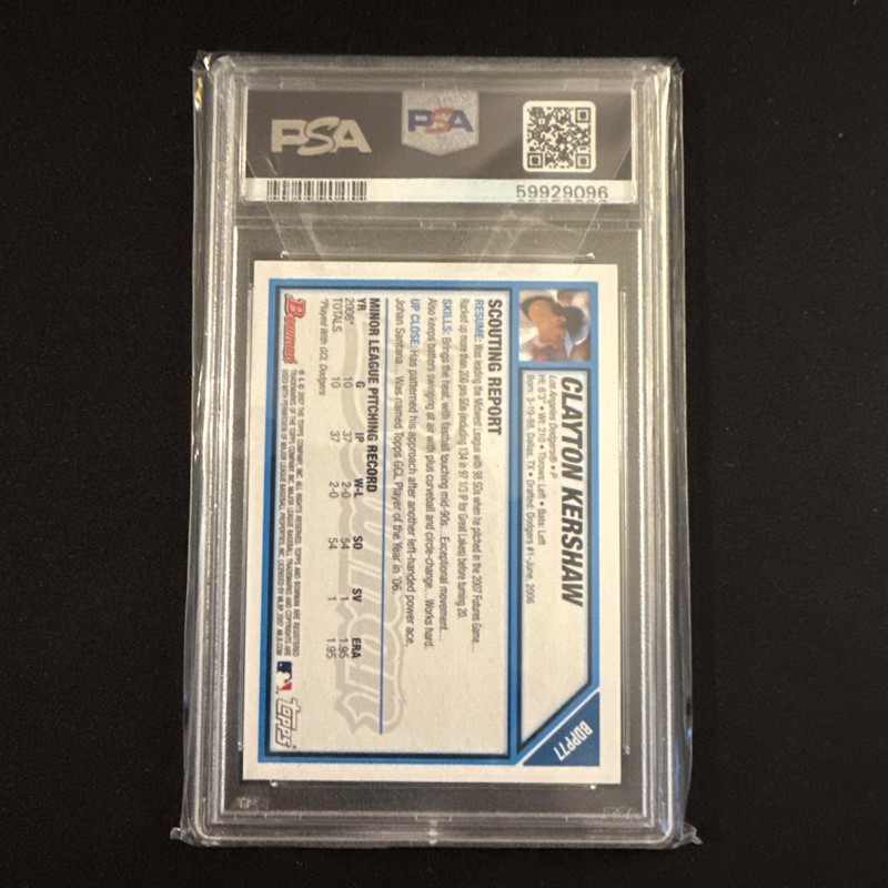 Clayton Kershaw 2007 Bowman Draft Picks PSA 10 Gem Mint Los Angeles Dodgers view 2