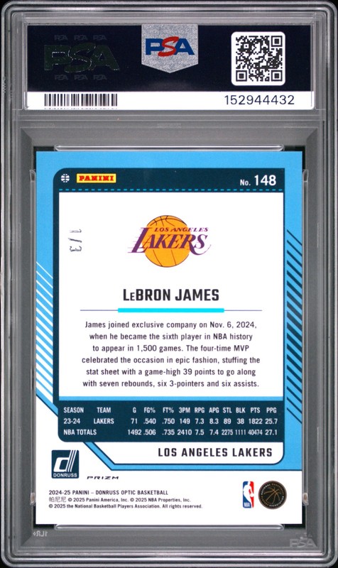 2024 PANINI DONRUSS OPTIC BLACK FOTL #148 LEBRON JAMES 1/3 PSA 10 view 2