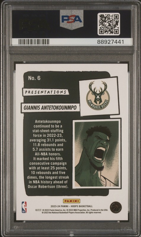 2023-24 Panini NBA Hoops Presentations CASE HIT #6 Giannis Antetokounmpo PSA 9 view 2