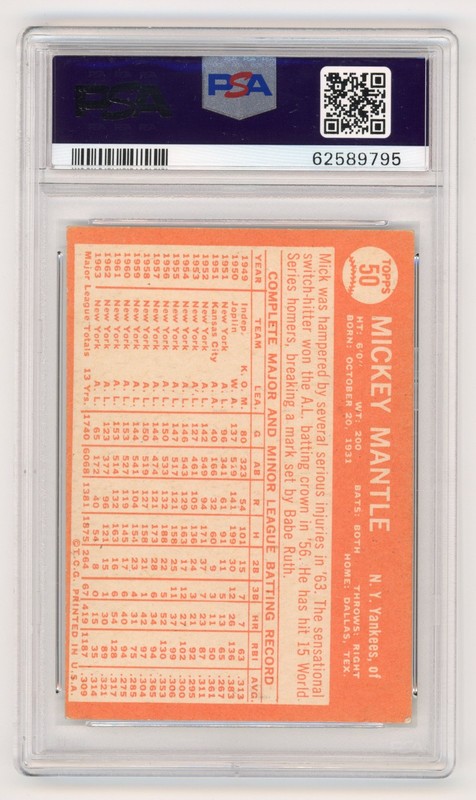 1964 TOPPS BASEBALL #50 MICKEY MANTLE PSA 5 EX YANKEES MC HOF NEW YORK view 2