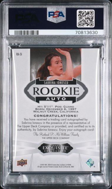 Sabrina Ionescu 2021 Upper Deck Exquisite Rookie Card RC Auto /99 PSA 10 POP 1 view 2