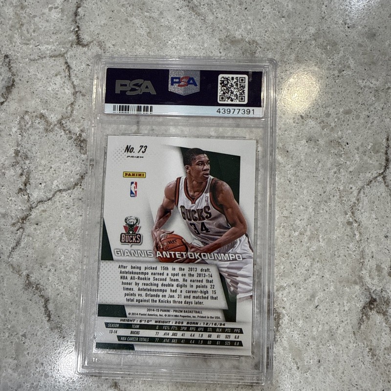 Giannis Antetokounmpo 2014-15 Panini Prizm Red And Yellow Mosaic Prizm SP PSA 10 view 2