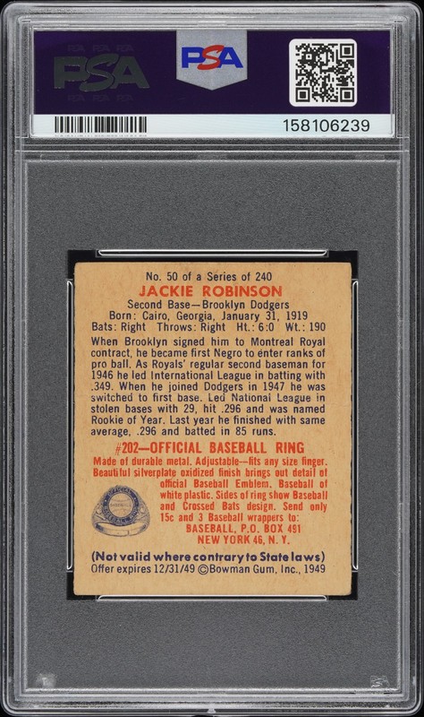 1949 BOWMAN #50 JACKIE ROBINSON PSA 2 view 2
