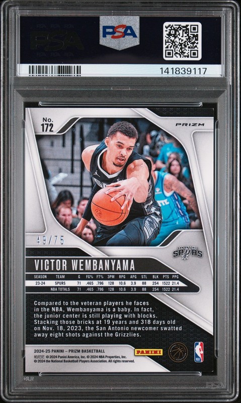 2024 PANINI PRIZM RED POWER #172 VICTOR WEMBANYAMA 49/75 PSA 8 view 2