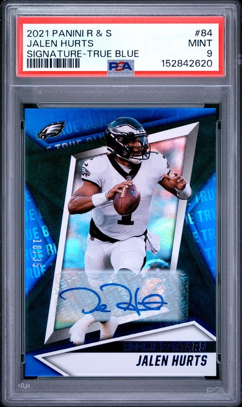 2021 PANINI ROOKIES & STARS SIGNATURE-TRUE BLUE #84 JALEN HURTS 10/35 PSA 9 AUTO