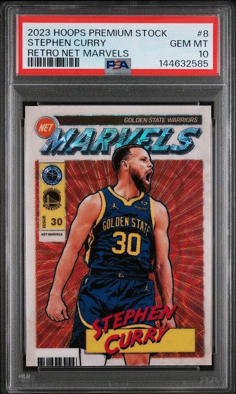 2023 PANINI HOOPS PREMIUM STOCK RETRO NET MARVELS #8 STEPHEN CURRY PSA 10