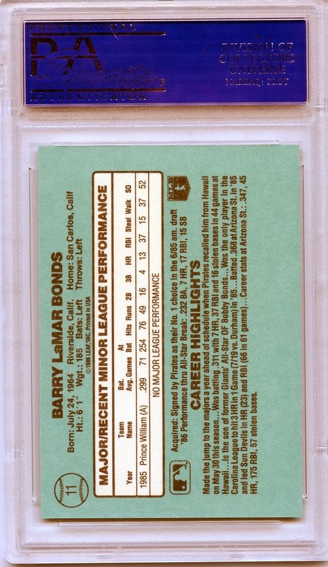 1986 Donruss The Rookies Barry Bonds Rookie #11 Pirates PSA 10 view 2
