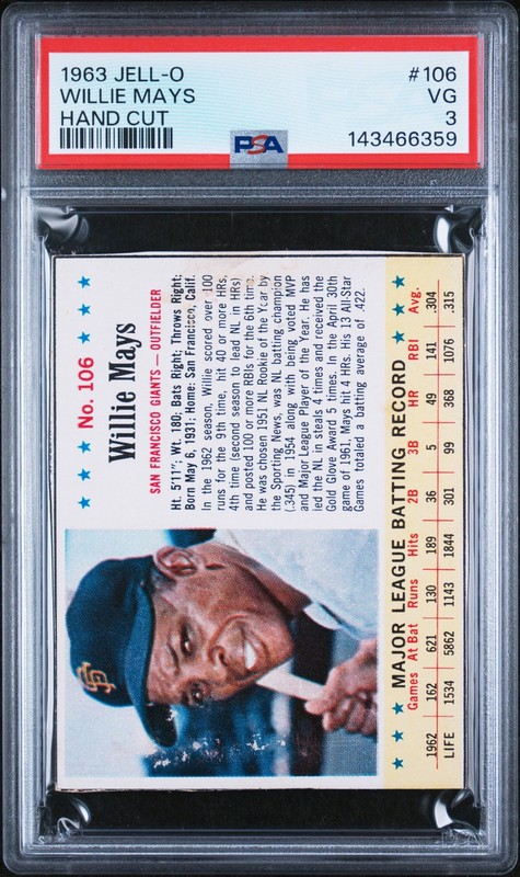 1963 JELL-O HAND CUT #106 WILLIE MAYS PSA 3