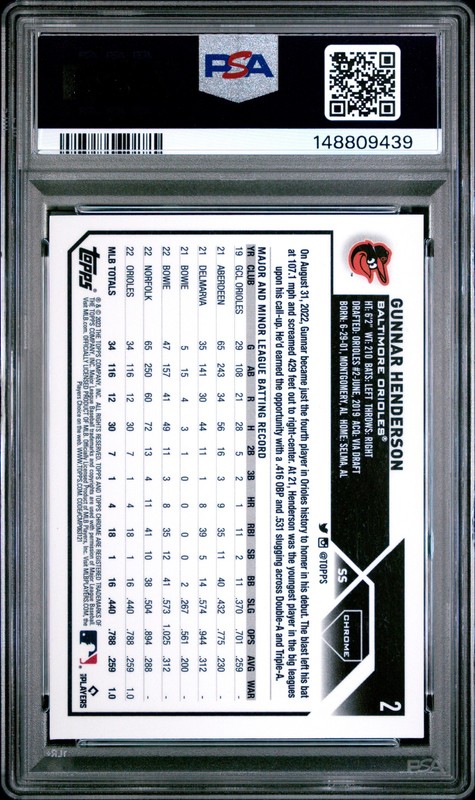 2023 TOPPS CHROME #2 GUNNAR HENDERSON ROOKIE RC 176/275 PSA 10 view 2