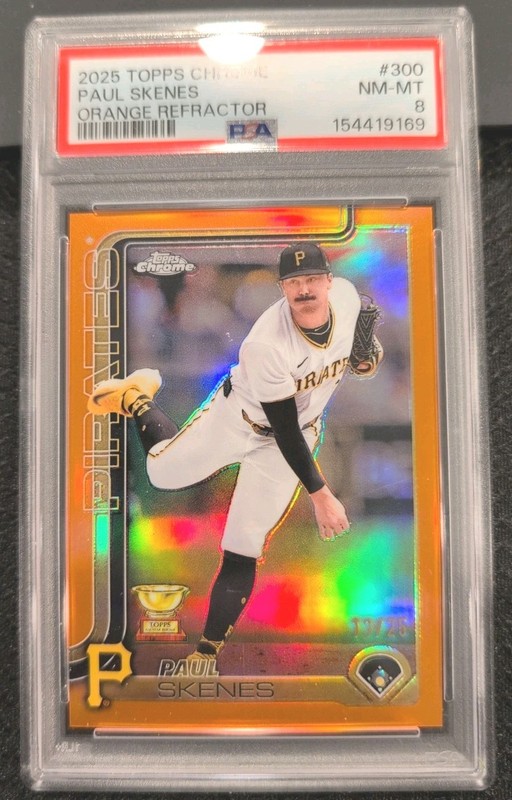 2025 Topps Chrome Paul Skenes #300 True Orange Refractor Edition #/25 PSA 8