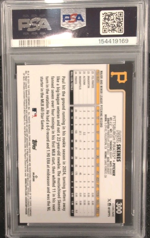 2025 Topps Chrome Paul Skenes #300 True Orange Refractor Edition #/25 PSA 8 view 2