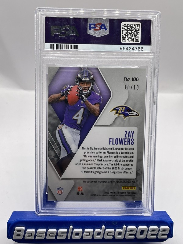 2023 Panini Phoenix Rookies Zay Flowers #108 Black Seismic Autographs /10 PSA 10 view 2