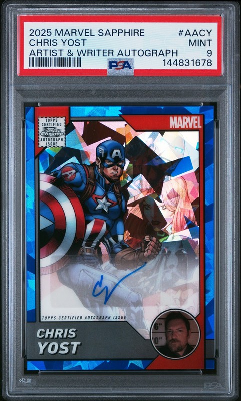 2025 TOPPS CHROME MARVEL SAPPHIRE EDITION AUTO #AACY CHRIS YOST PSA 9