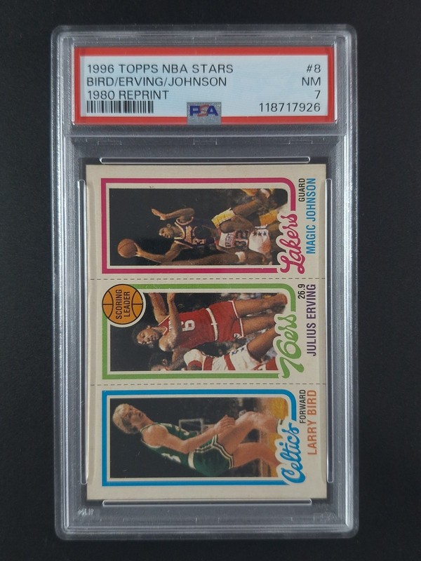 1996-97 Topps Stars BIRD/ERVING/JOHNSON Reprints Los Angeles Lakers #8 PSA 7