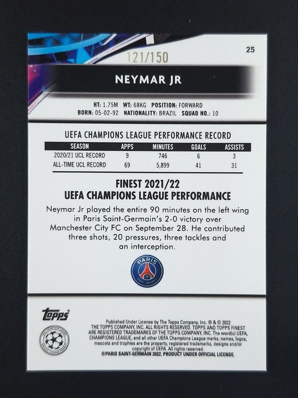 2021 Topps Finest UEFA Soccer NEYMAR JR 121/150 Blue Paris Saint Germain #25 view 2