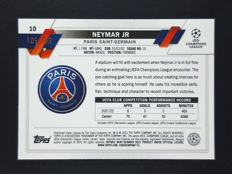 2022-23 Topps Chrome UEFA Soccer NEYMAR JR 109/199 Aqua Refractor #10 view 2